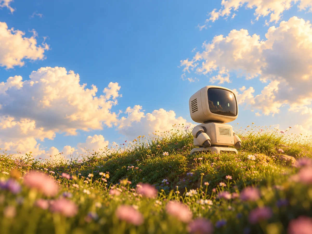 A small ivory robot assistant standing among sunlit wildflowers