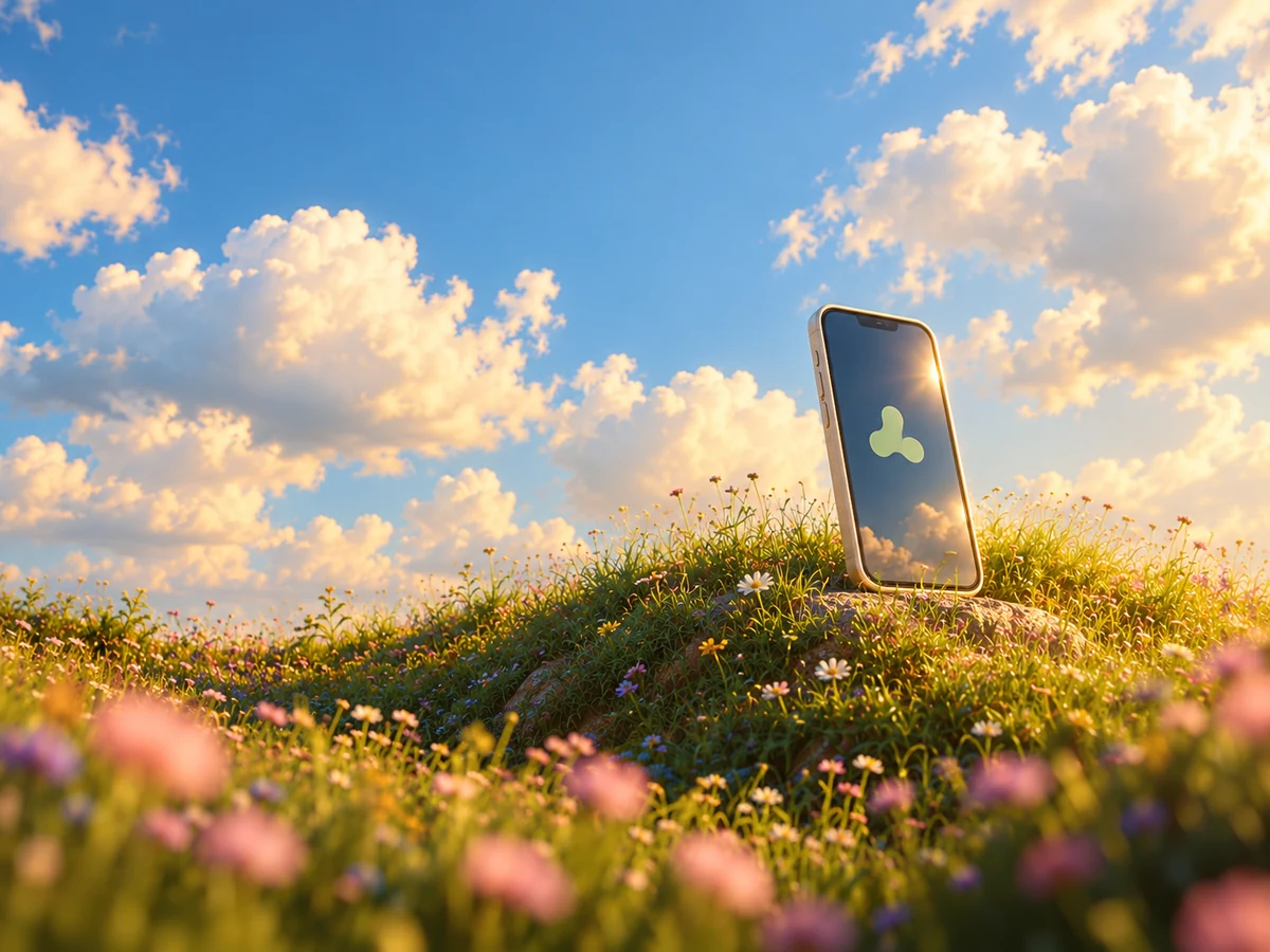 An ivory smartphone resting among wildflowers on a sunlit hillside