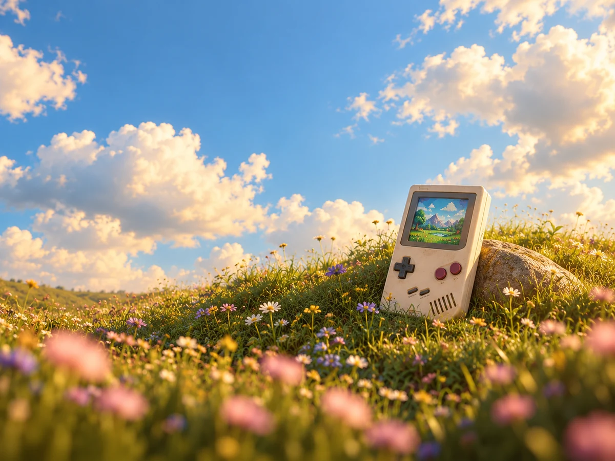 An ivory handheld game console in a sunlit meadow beneath a cloudy blue sky